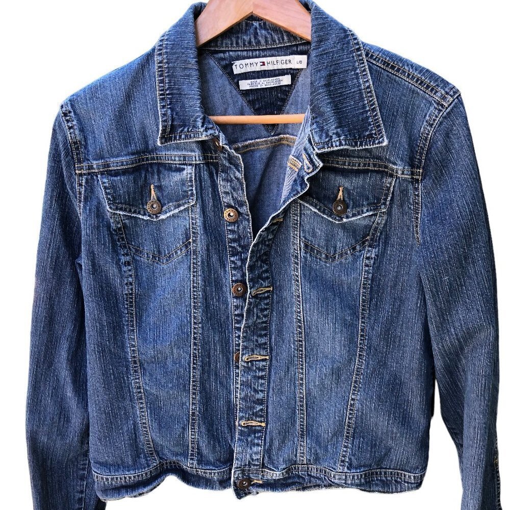 Vtg Tommy Hilfiger Denim Jacket Womens Sz L Classic Style Leather Patch EUC